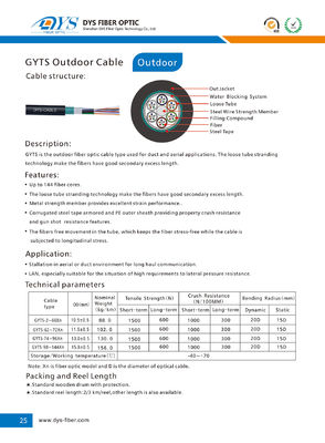 12~288 Cores Armoured Optical Fibre Cable Outdoor Fiber Optic GYTS Cable